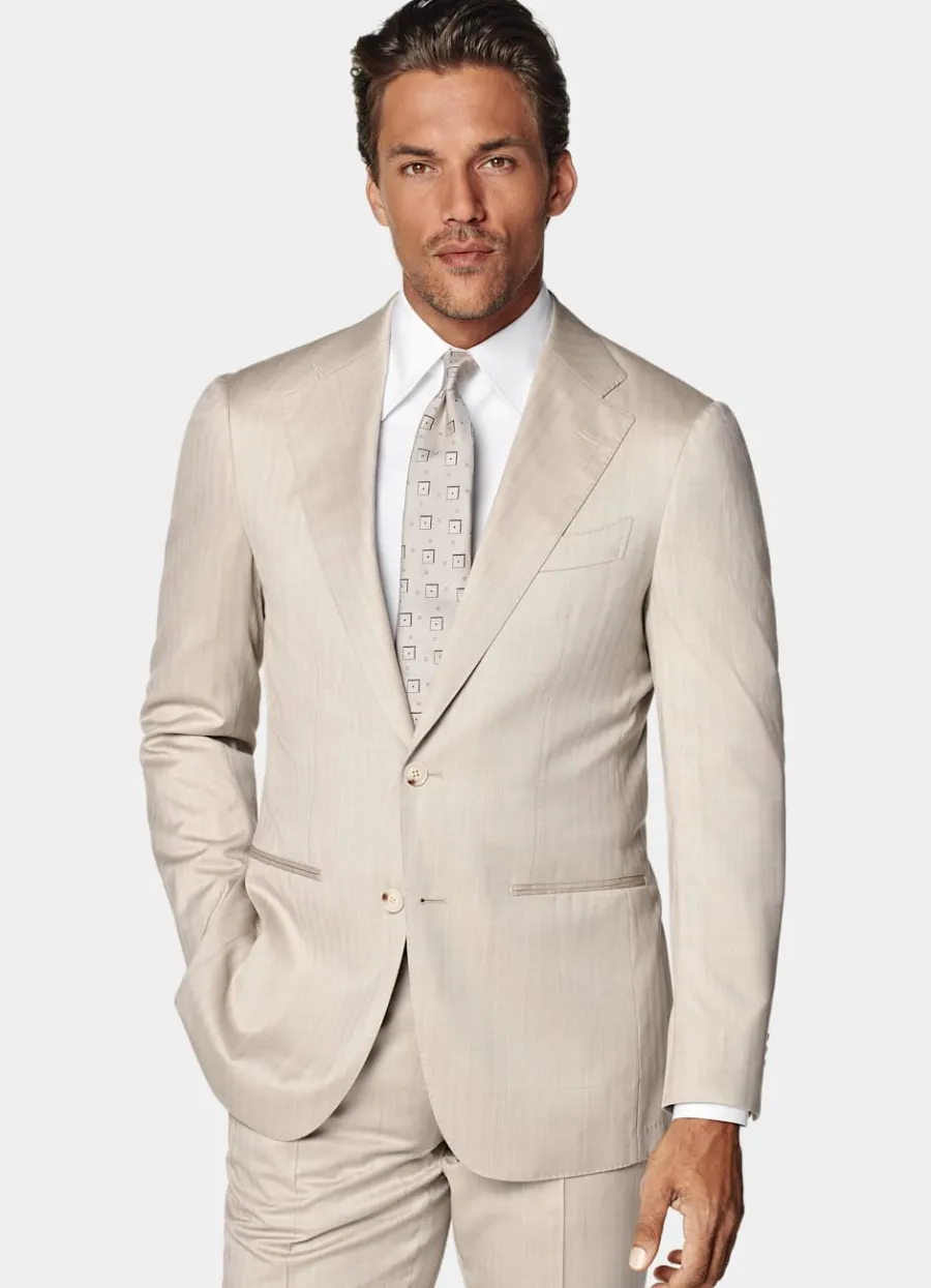 Fashion Havana Anzug sand Fischgrätmuster Tailored Fit Moderne Anzüge