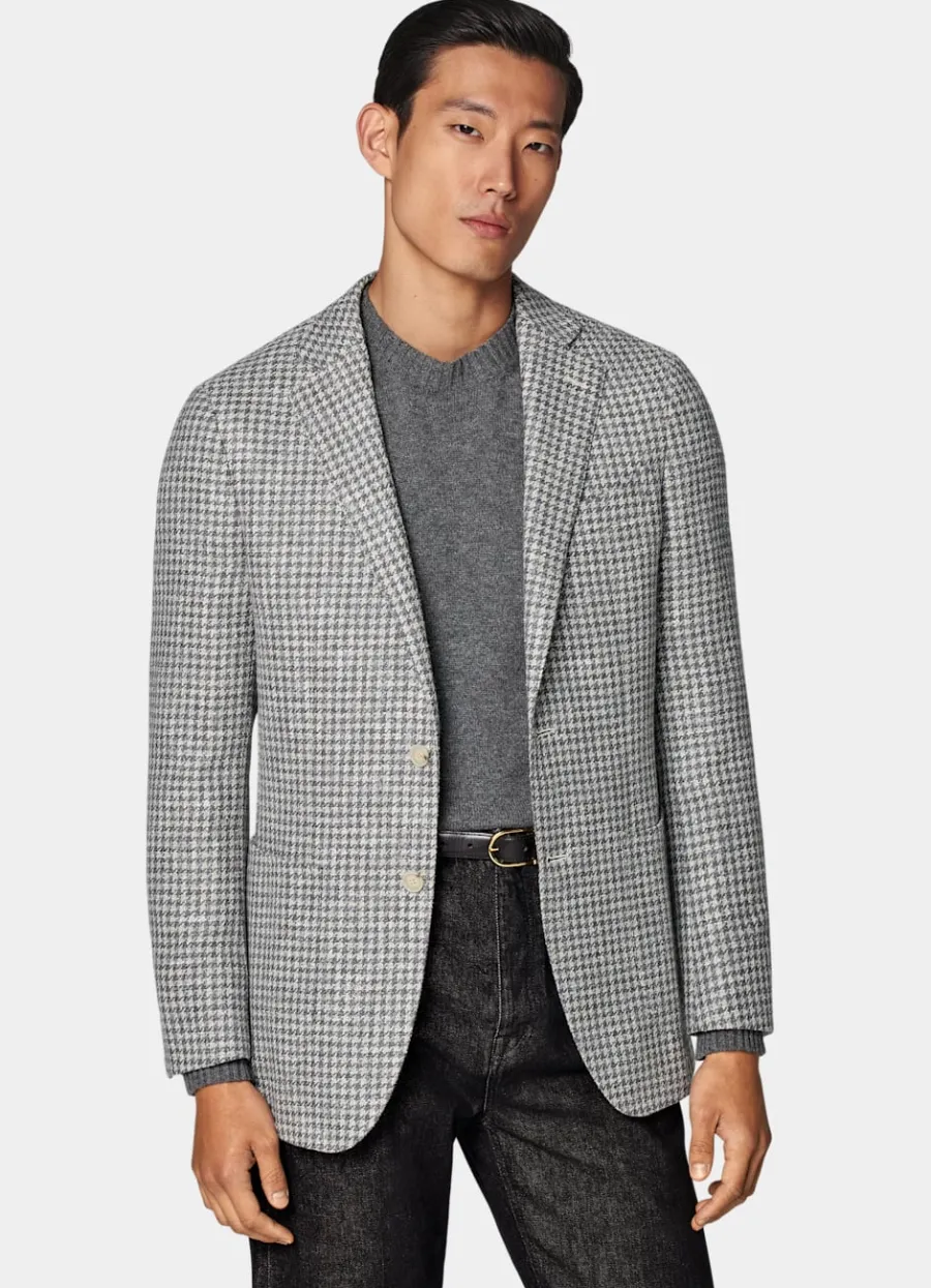 Best Havana Sakko mittelgrau Hahnentrittmuster Tailored Fit Sakkos